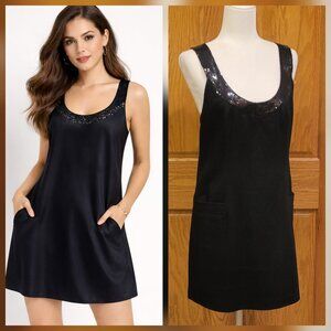 Charlotte Ronson Black Soft Wool Blend Mini Dress with Sequin Detail and Pockets
